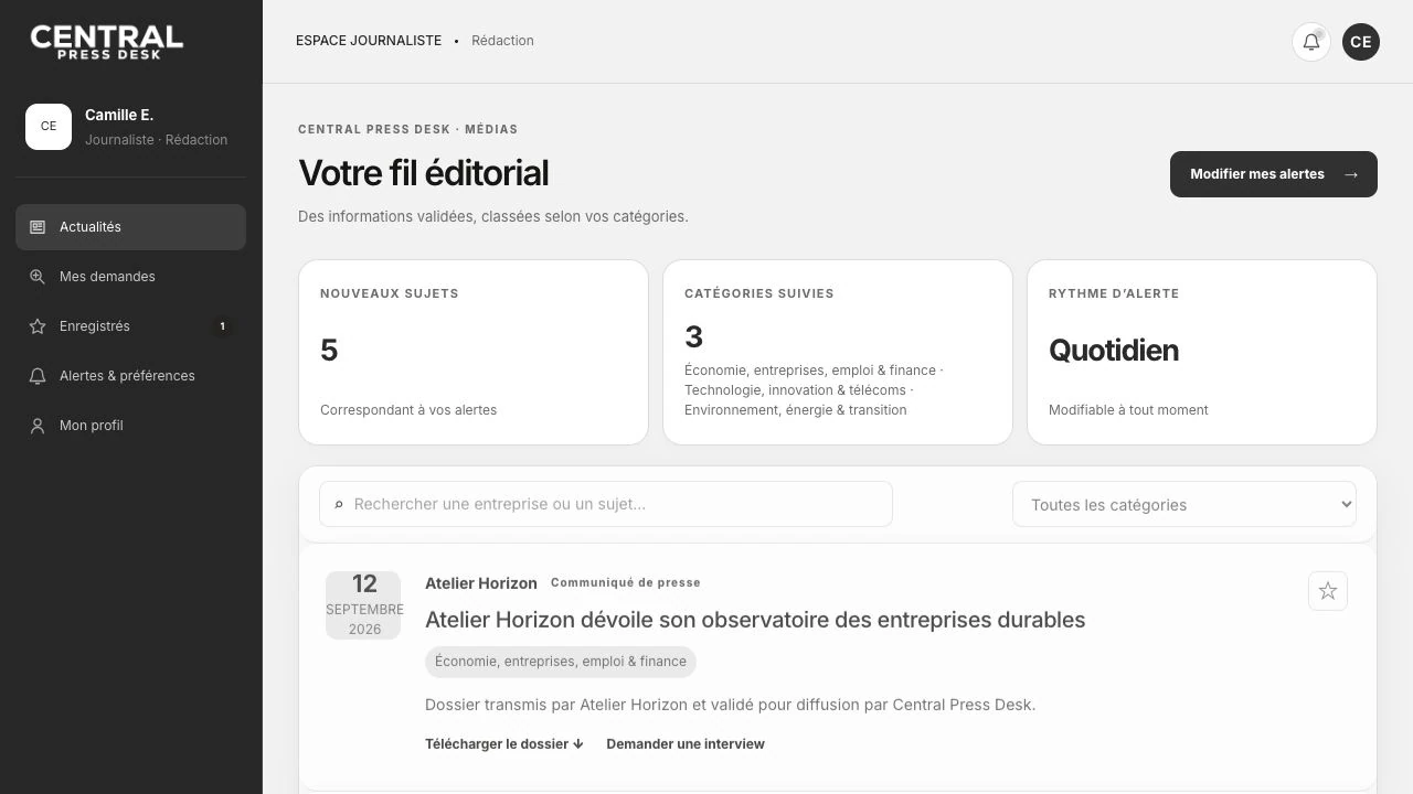 Aperçu de la plateforme journalistes Central Press Desk